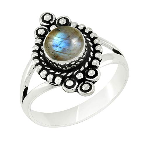 Round Shape Natural Gemstone Vintage Style Handmade Rings for Women - 925 Silver Overlay Handmade Birthstone Ring Jewelry Gift for Her Mom Wife Sister - color: Labradorite
