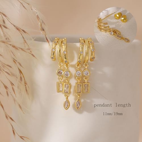 Dangle Earrings For Women, Dainty Gold Drop Statement Earrings 14K Gold Plated Long Huggie Earrings for Women Trendy Hypoallergenic Dangly Earrings Small Triple Hoops Earrings Fashion Jewelry - color: gold-square