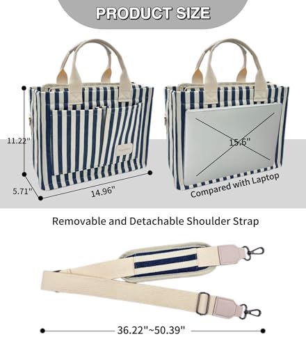 Large Canvas Tote Bag for Women Work Tote Bags with Pockets Laptop Crossbody Purses Everyday Bag Handbags for Travel - color: New Upgrade Plus Blue Stripe