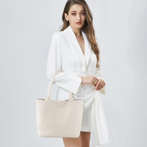 Hand Woven Bag Tote BagS For Women Top Handle Shoulder Vegan Leather Large Travel Beach Hobo Handbag - color: Beige