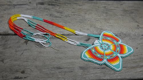 Handmade Native American Style Tribal ethnic Seed Bead Beaded Layered Medallion Necklace #1 - color: Butterfly Turquoise