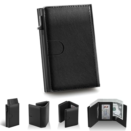 Mens Wallet Credit Card Holder Mens Front Pocket Wallet Leather Wallets for Men With Rfid Blocking Pop Up Aluminum Case Black Trifold Magnetic Money Clip Gift Ideas - color: Black