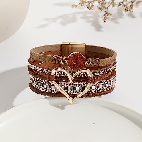 Womens Multi Layer Heart Leather Wrap Bracelet Boho Stackable Cuff Bangle Magnetic Clasp Crystal Birthday Valentine Gift - color: Brown