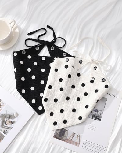 AWAYTR Crochet Head Scarf Hair Bandanas Women Knit Bandana Headband Scarf Tie-Back Head Coverings Floral Headscarf - color: Polka Dots - Black + White