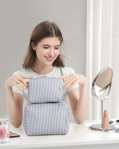 Narwey Small Striped Makeup Bag for Purse Mini Cosmetic Bag Travel Makeup Pouch Zipper Pouch Cute Make up Bags with Compartments for Women Girls (Greyish Blue Stripe, Small) - color: A-Greyish Blue Stripe, style: Small
