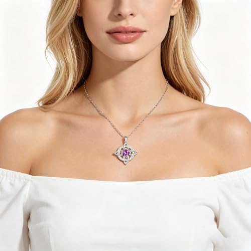Mystical Birthstone Witches Knot Necklace – Natural Crystal Celtic Pendant, Wiccan Pagan Jewelry Gift for Women - color: February