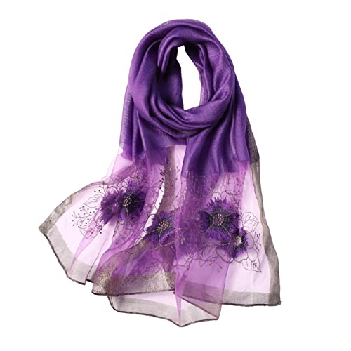 WINCESS YU Women Mulberry Silk Scarf Long & Large Embroidered Floral Pattern Shawl and Wraps Neckerchief for Hair & Neck - color: Purple