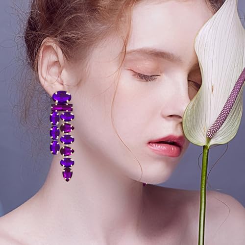 Boho Large Sparkly Rhinestones Teardrop Drop Dangle Earrings Long Tassel Full Crystals Chain Earrings for Women Wedding - style: Purple
