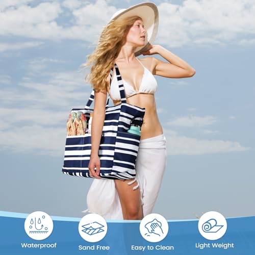Trifabricy Beach Bags for Women Waterproof Sandproof Women Tote Bag, Large Beach Bag with Zipper for Gym Travel Vocation - color: Navy Blue