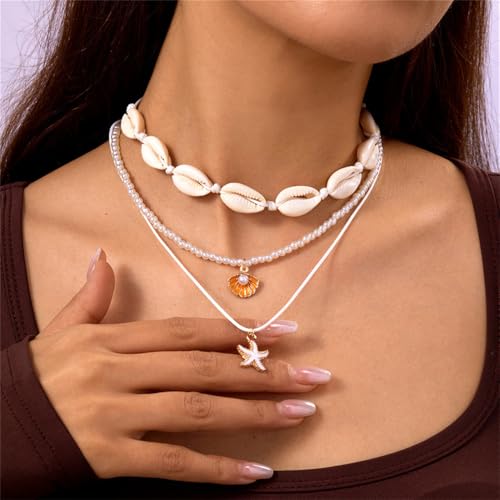 Shell Beach Choker Necklace Set for Women Boho Layered Beaded Adjustable Starfish Conch Shell Nacklace Imitaion Pearl Rice Beads Necklace Summer Ocean Vacation Jewelry - color: White