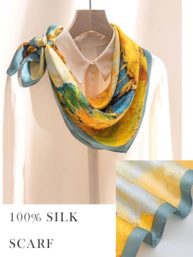 100% Mulberry Silk Scarf for Women Hair Lightweight Square Neckerchief Wrap For Head Scarves 21" - color: 2-autumn Fairytale /21"*21"