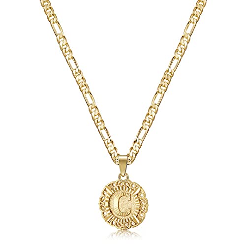 KissYan Initial Necklaces for Women, 14K Gold Plated Round Letter Pendant Capital Monogram Necklace Alphabets from A-Z Figaro Chain Jewelry - color: Gold, style: C
