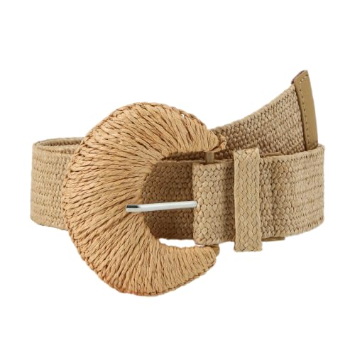 HOTWILL Women Straw Woven Belt Boho Elastic Stretch Braided Waist Belts for Summer Dresses - color: Camel_shaped Buckle