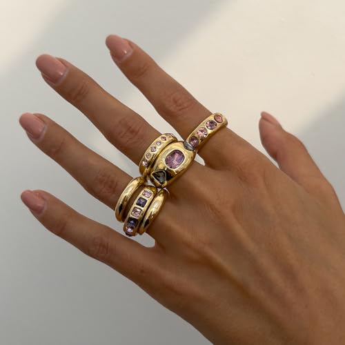 Chunky Gold Rings for Women Non Tarnish Silver Chunky Rings Set Adjustable Thick Statement Ring Gold Stackable Ring for Women Trendy Fashion Silver Jewelry - style: Style8-Purple Gemstone 6Pcs