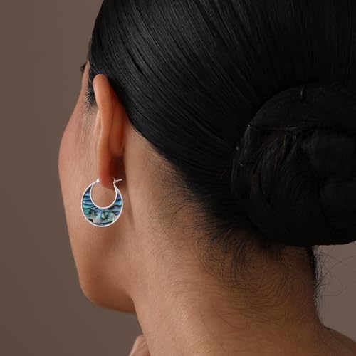 LeCalla 925 Sterling Silver Hoops Earrings | Hollow-Puff Shrimp Earring Hoops | Women's Gold-Plated Jewelry | Lightweight Electroforming Hoop Earring Jewelry for Birthday - style: Abalone Shell