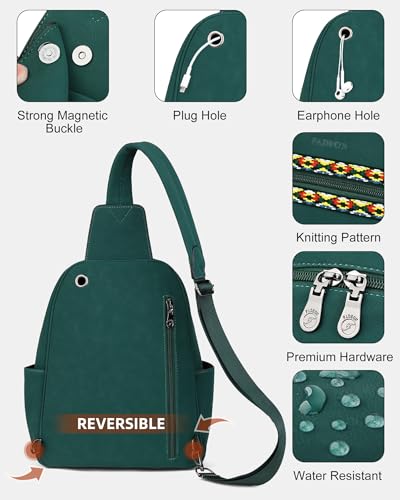 FADEON Large Sling Bag for Women, Leather Crossbody Purse Designer Anti Theft Sling Backpack, RFID Fanny Packs for Travel - color: Dark Green Nubuck Style