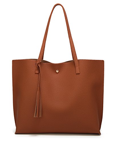 Dreubea Women's Soft Faux Leather Tote Shoulder Bag from, Big Capacity Tassel Handbag - color: Brown