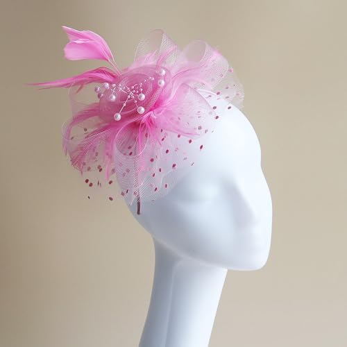 Fascinators Hat Pearl Earrings Necklace Bracelets Gloves 1920s Headband Hair Clips Women Flower Mesh Feather Headpiece Headwear Halloween Carnival Cocktail Wedding Tea Party Accessories Pink - color: Pink