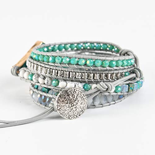 YGLINE Boho Handmade Wrap Leather Tube Crystal Stone Bracelet for Women - color: Blue