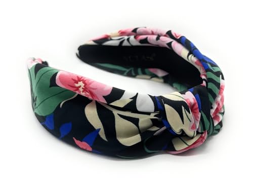Black Floral Knotted Headband for Women Made of Silk Quality Satin Fabric, Unique and Classy Girls Headbands, Trendy Hair Accessory, Designer Top Knot Head band Fashion - color: Black Floral
