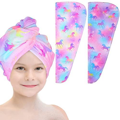 Basumee Microfiber Hair Towel Wrap for Kids 2 Pack Rapid Drying Hair Towel with Button Hair Turbans for Wet Hair Wraps Head Towel Wrap for Women and Girls, Colorful Unicorn - color: Colorful Unicorn
