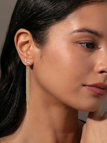 Robaice Gold Long Prom Earrings for Women, 14K Gold Plated Pearl Dangle Drop and Chain Tassel Threader Earrings Dangling，Rhinestone Zirconia Hypoallergenic Bride Party Prom Gold jewelry，Women Gifts - style: F-cz dangle drop tassel