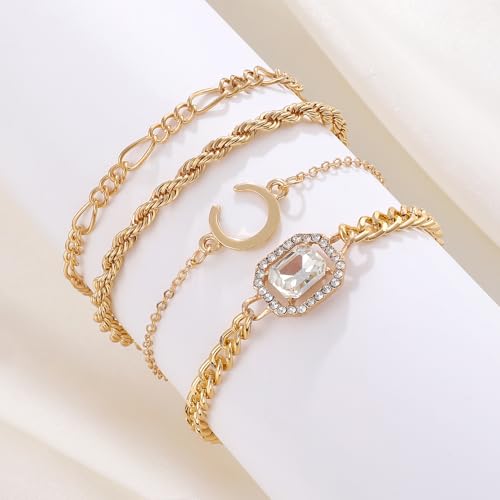 Alegend Titanium Steel (Not Rust, Resist Corruption, Easily Clean) 18K Gold Plated Single Bracelets + 14K Gold Plated Stackable Multilayer Bracelets - style: 14K Gold Plated Four-Layered