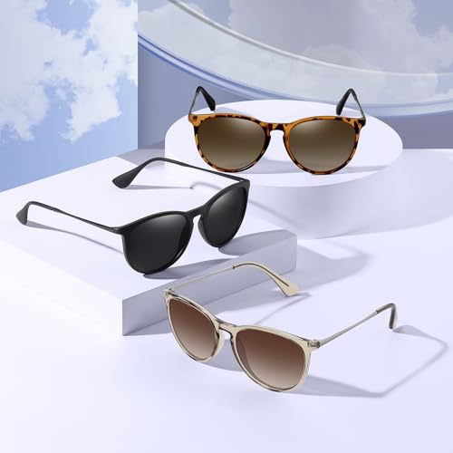WOWSUN Retro Polarized Sunglasses Womens Trendy Round Classic Glasses - color: 3 Pack: Brown Gradient Brown+leopard Brown+black