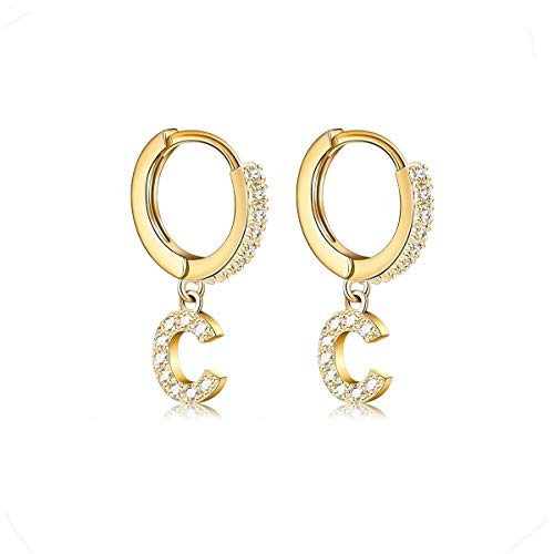 14K Gold Plated Cubic Zirconia Initial Earrings Delicate Small Hoop Earrings Hypoallergenic Letter Earrings for Women - style: C