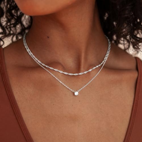 Layered Gold Necklace for Women Trendy 14K Gold Plated Heart CZ Pendant Layered Gold Necklaces Set Coin Choker Necklaces Simple Circle Cubic Zirconia Pearl Necklace Stack Herringbone Paperclip Chain Jewelry Set - style: 2PCS-Dotchain zircon-SL
