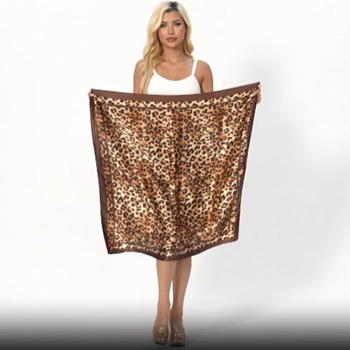 Leopard Print Head Scarf for Women Like Silk Satin Scarf for Hair Wrapping at Night Bandana Square Scarf 35 Inches - color: Dark Coffee Leopard