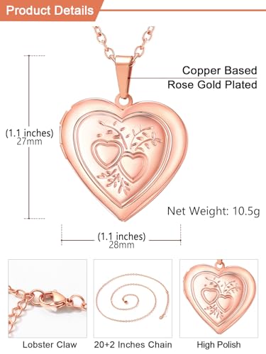 U7 Women Locket Necklace Platinum 14K Gold Photo Lockets that Hold Picture,Chain 20 Inch Personalized Gift Custom Love Heart Image Necklaces - color: 03# Rose Gold*2 Heart
