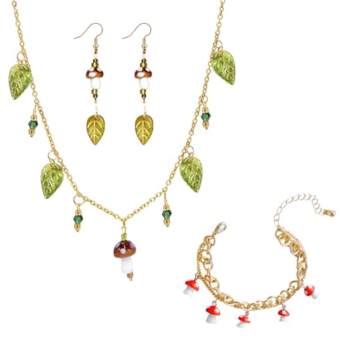 3 Pcs Mushroom Jewelry Necklace Set, Funky Earrings Mushroom Earrings for Women, Green Leaf Necklace & Bracelet, Whimsical Jewelry Glass Glaze Mushrooms Gifts Stuff for Holiday