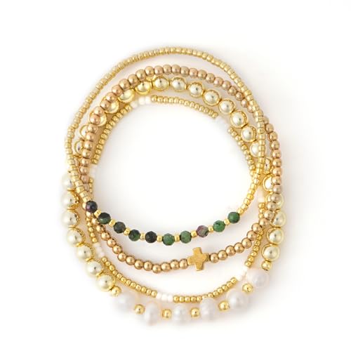 4pcs Gold Beaded Pearl Bracelets Set for Women Multi Layer Versatile Stackable Stretch Cuff Sparkly Stone Crystal Gemstone Jewelry Birthday Gifts - color: Green Agate