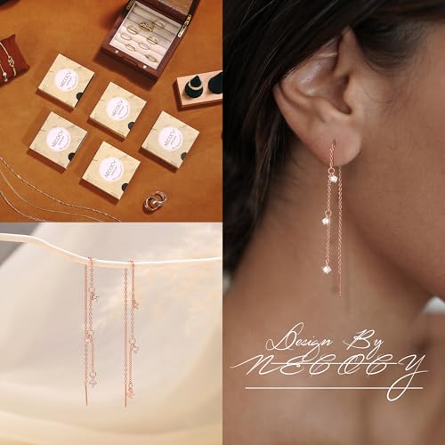 NECOCY Gold Dangle Earrings for Women Non Tarnish 14K Gold Plated Drop Wedding Hypallergenic Earring Dainty Long Hanging Chain CZ Pearl Threader Earrings Trendy Silver Plated Jewelry for Women - style: Rosegold&Style3