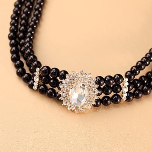 Bethynas Boho Layered Pearl Rhinestones Choker Necklace Vintage Chunky Pearl Crystal Pendant Short Necklace Chain Bridal Prom 1920s Costume Party Jewelry for Women - color: Pearl 8 - black