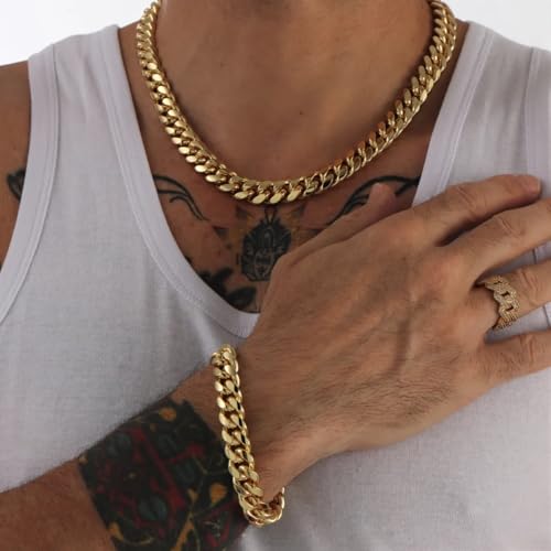 CG&KYGG 12MM 14K Gold Plated Cuban Link Bracelet for Men, Chunky 316L Stainless Steel Chain Necklace for Women, Gift for Birthday & Holiday(Delicate Package, Double Safety Clasp with 14K Stamp) - style: 12mm 14k gold bracelet