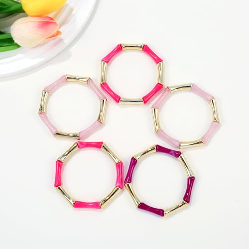 Gold Tube Bangle Bracelets for Women Stackable Bamboo Chunky Acrylic Beads Stretch Friendship Summer Beach Bracelet Jewelry - color: Colorful 01