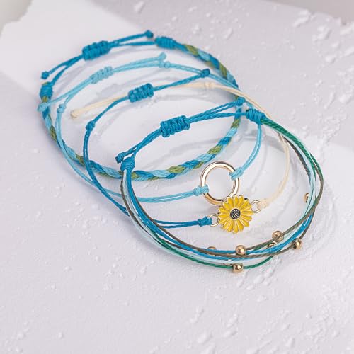 FANCY SHINY Easter Gifts Basket Stuffers Sunflower String Bracelet Boho Braided Rope Wrap Bracelets Cute Summer Beach Surfer Jewelry for Women - color: Blue/Green