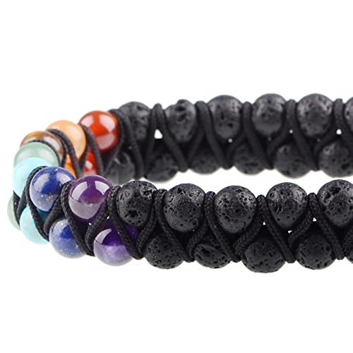 MASSIVE BEADS Double Layer Natural Chakra Healing Power Crystals Macrame Bracelet Yoga Stone Beads Gemstone Meditation Relax Anxiety Bangle for Unisex Women Men - color: 7-Chakras&Lava, size: 6mm