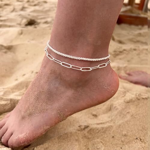 Freekiss Sterling Silver Ankle Bracelets for Women: Dainty Layered Waterproof Anklet for Women Adjustable Womens Anklet Set Stackable Figaro Beaded Cuban Link Anklets Beach Jewelry for Women - color: 2 Layered Anklet Paperclip-SL