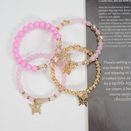 Bohemian Bracelet Sets for Women - 4-Pack Stackable Stretch Bead Bracelets with Black＆White Crystal & Gold Accessories, Multi-Layer Boho Jewelry - color: pink butterfly