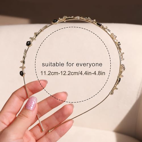 4 Pcs Dainty Gold Headbands for Women, Thin Rhinestone Floral Hairbands, Sparkly Crystal Pearl Bow Hair Hoops, Fairycore Bridal Wedding Hair Accessories, Black & Gold - color: Floralbow