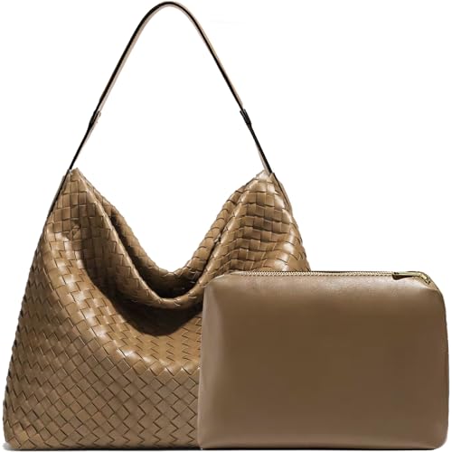 JINMANXUE Women Boston Bag, Woven Hobo Tote Handbag and Purses, Female Satchel Messenger Bags, Fashion Shoulder Crossbody Bag - color: Khaki