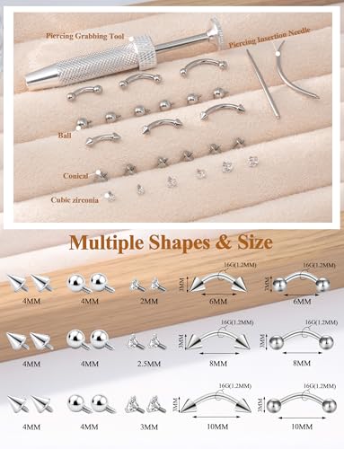 Eyebrow Piercing Jewelry Set with Tool, Surgical Steel Curved Barbell Kit with CZ, Spike & Ball Replacement Ends, Internal Thread 6mm/8mm/10mm Rook Daith Lip Rings for Women Men - color: 16G Silver