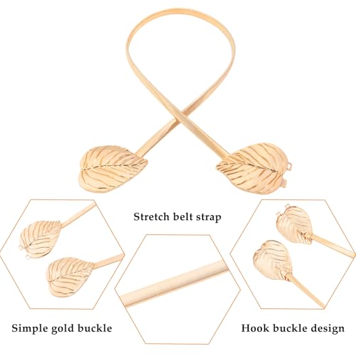 E-Clover Womens Fashion Metal Stretch Waist Skinny Belt Waistband - color: Gold Leaves-02