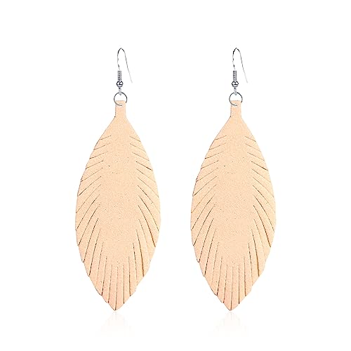 Large Genuine Soft leaf Leather Handmade Fringe Tassel Feather Lightweight Tear Drop Dangle Color Earrings for Women - color: Beige