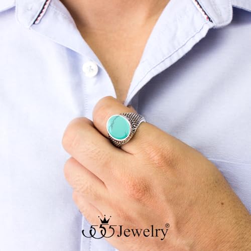 555Jewelry Stainless Steel High Polish Plain Oval Black Onyx Signet Ring for Men - color: Silver - Turquoise