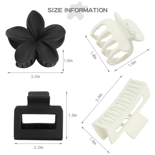 8 Pcs Matte Hair Clips for Women, Strong Hold Non-Slip Claw Clips for Girls, Flower Hair Clips for Thin Hair, Rectangle Claw Clips for Thick Hair,Neutral Colors Hair Accessories（White & Black） - color: Basic