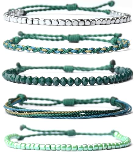 Mezcla Vida Handmade Waterproof Rope Bracelets Pack String & Beaded Bracelet Stack - Set of 5 Stackable Bracelets For Women, Summer Accessories & Bohemian Bracelets for Teen Girls - color: blackish green